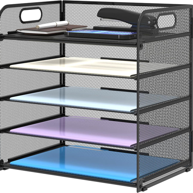 5 Trays Paper Organizer Letter Tray with Handle-Mesh Desk File Organizer, Paper Sorter Desk Organizer for Office, Home