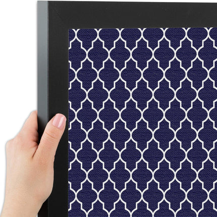 PinPix 24x16 Custom Cork Bulletin Board Quatrefoil Navy Poster Board with a Canvas Style Photo Board, Framed in Satin Black (PinPix-285)