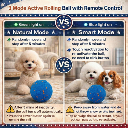USA CALI Smart Interactive Dog Ball with Remote Control - Automatic Self-Rolling & Motion Activated Toy for Dogs, Durable Chew-Resistant E-TPU, 3 Play Modes for Puppy Small Medium Large Dogs