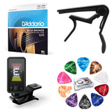 Kit esencial para guitarra acústica: cuerdas, cejilla, afinador y púas
