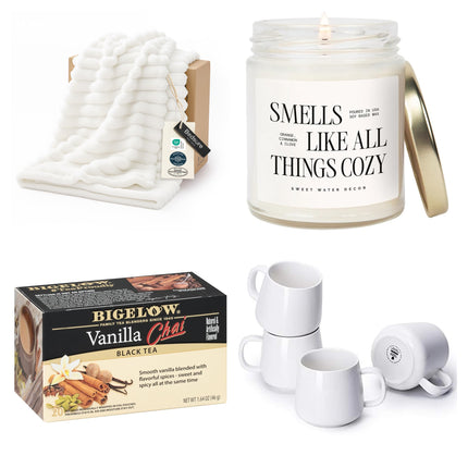 Cozy Winter Night In Kit — Throw, Candle, Chai Tea & 4 Mugs