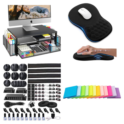 Desk Setup Kit — Monitor Riser, Mouse Pad, Cable Kit & Notes